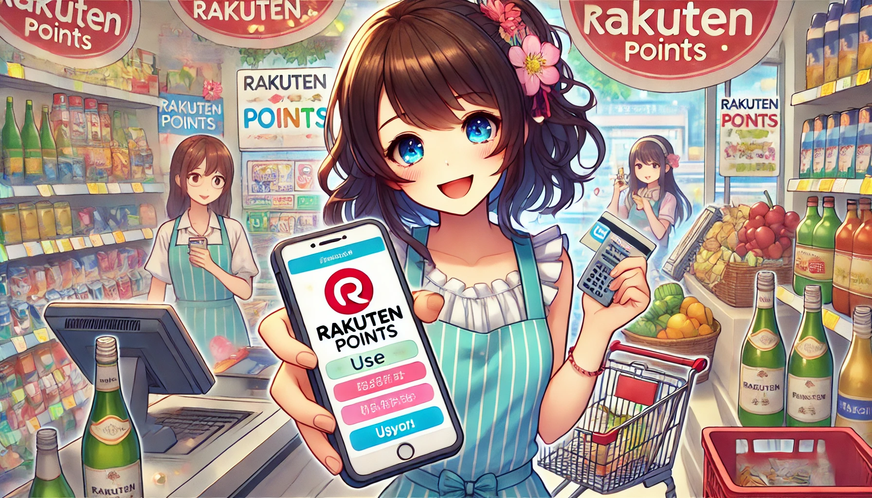 An anime-style illustration depicting a scene in a shop where a young woman is using Rakuten points at the checkout. She has a cheerful expression, holding a smartphone displaying the Rakuten app, with colorful promotional banners in the background. The shop is lively, filled with various products, and other customers in the background. Emphasize the excitement of using points and the convenience of shopping, incorporating vibrant colors and dynamic poses to capture the essence of a busy retail environment.