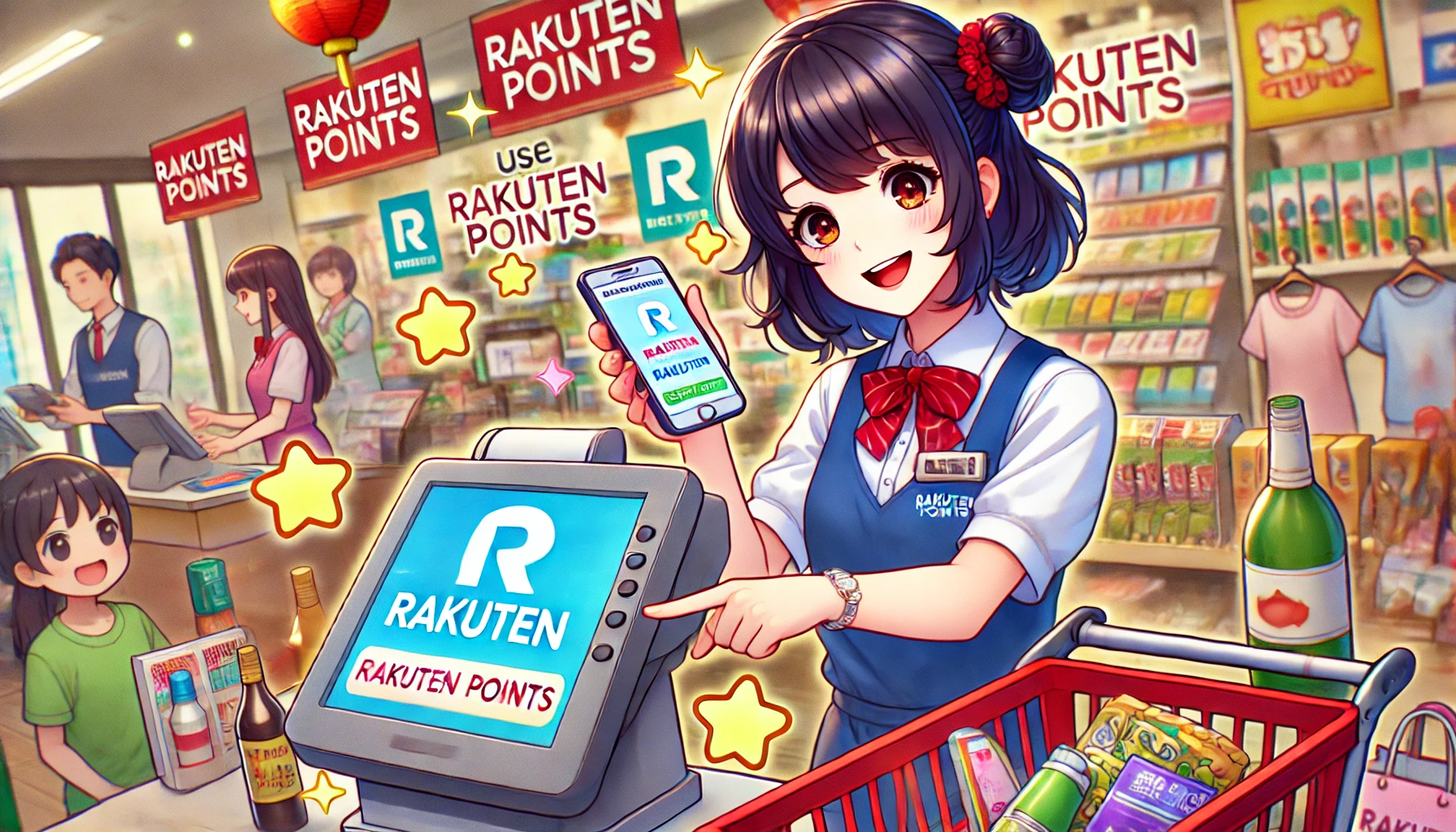 An anime-style illustration depicting a scene in a shop where a young woman is using Rakuten points at the checkout. She has a cheerful expression, holding a smartphone displaying the Rakuten app, with colorful promotional banners in the background. The shop is lively, filled with various products, and other customers in the background. Emphasize the excitement of using points and the convenience of shopping, incorporating vibrant colors and dynamic poses to capture the essence of a busy retail environment.