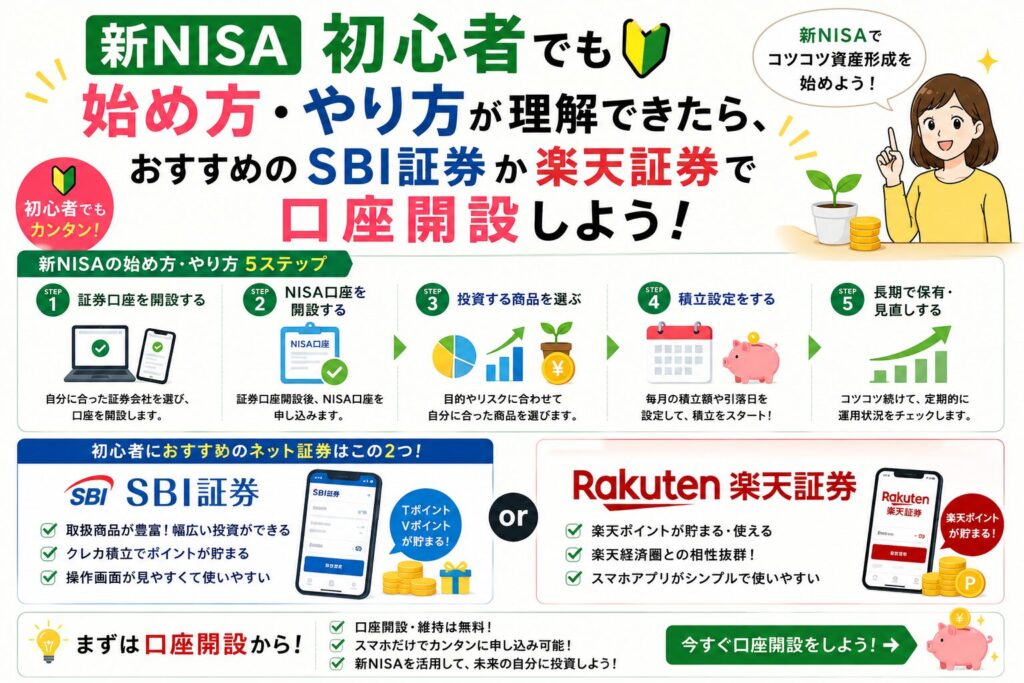 新NISA初心者のやり方・始め方が理解できたら、オススメのSBI証券か楽天証券で口座開設しよう！