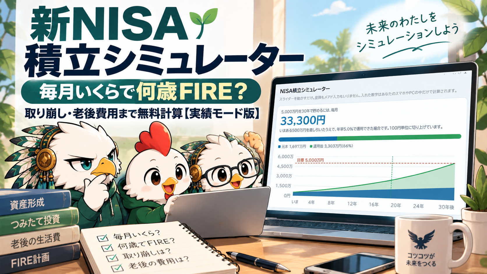 新NISA積立シミュレーター|毎月いくらで何歳FIRE?取り崩し・老後費用まで無料計算【実績モード版】