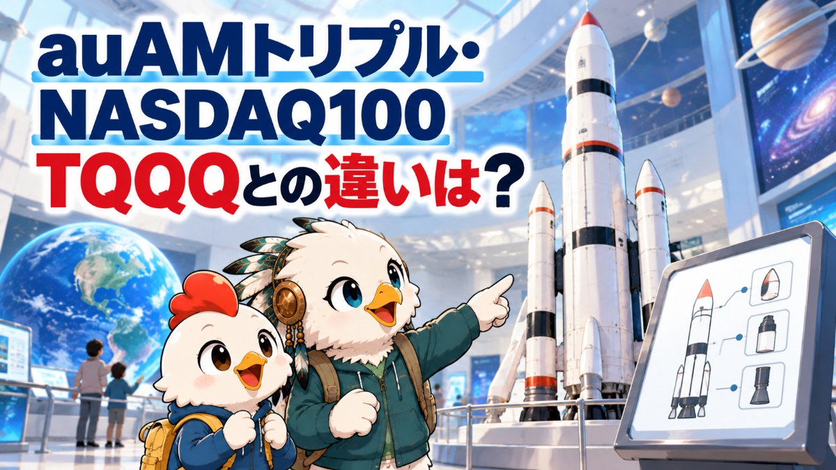 auAMトリプル・NASDAQ100 TQQQとの違いは？ 科学館で3段式ロケットを見るワッシーとワッピー
