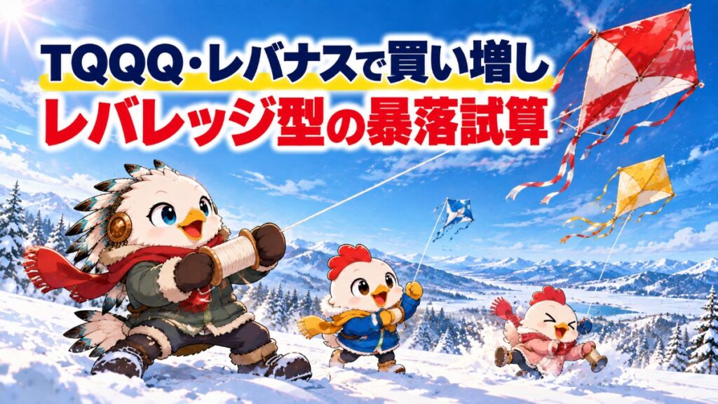 雪原で大きさの違う3つの凧を揚げるワッシー・ワッピー・コッコ。レバレッジ型の値動きの大きさのイメージ