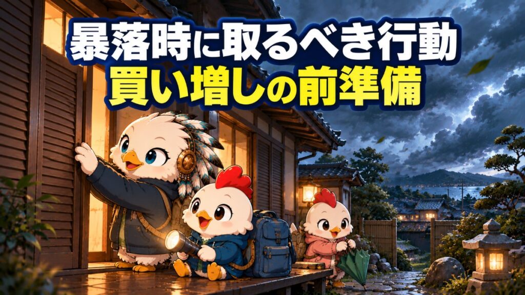 台風の前に雨戸を閉めるワッシーと非常用リュックを抱えたワッピー、傘を持つコッコ。暴落に前もって備えるイメージ