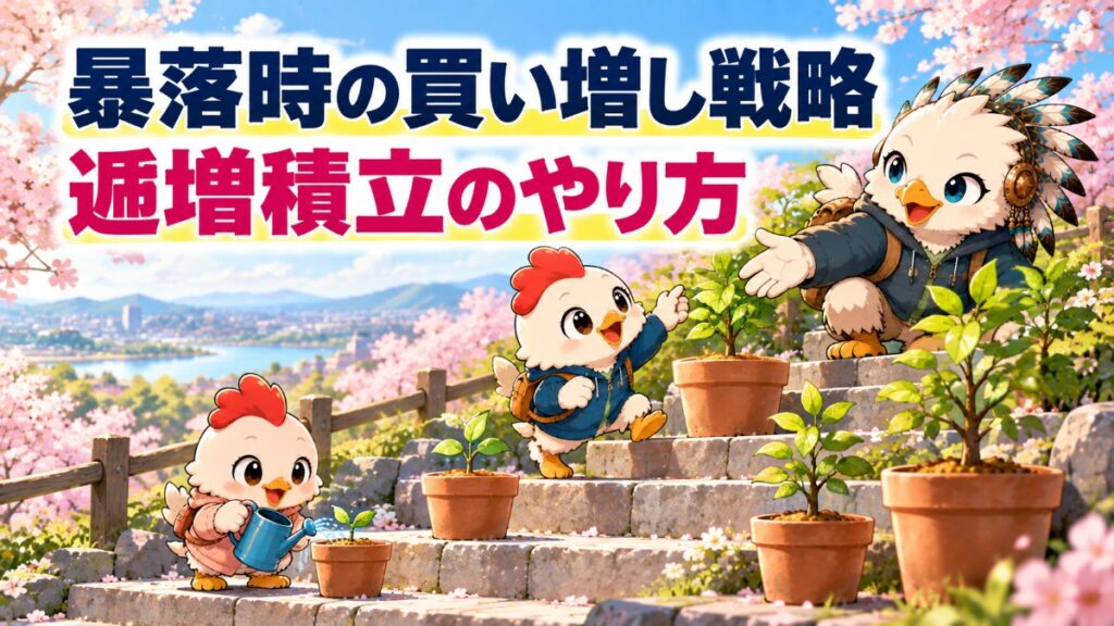 小・中・大と育つ植木鉢の横の石段を一段ずつのぼるワッシーとワッピー、水やりをするコッコ。逓増積立のイメージ
