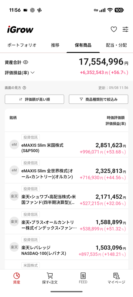 保有商品ごとの評価額と損益の一覧画面