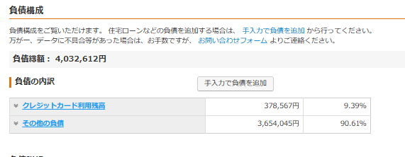 負債構成の画面。合計負債4,032,612円とクレジットカード利用残高などの内訳