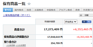 証券口座の保有商品一覧。資産合計17,273,409円、評価損益プラス6,353,465円