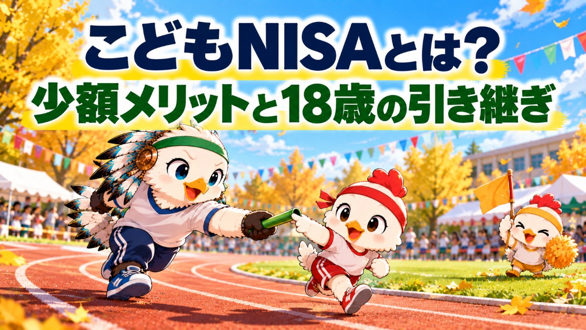 こどもNISAとは？少額メリットと18歳の引き継ぎ｜ワッシーがワッピーにリレーのバトンを渡すイラスト