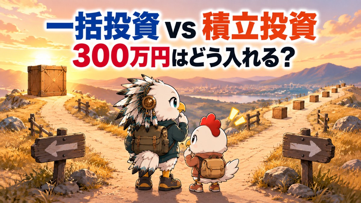 分かれ道に立つワッシーとワッピー。一括投資と積立投資のどちらを選ぶかを表したアイキャッチ画像