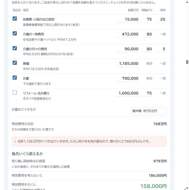 医療費や介護費用、葬儀、お墓などの老後の特別費用を入力する表