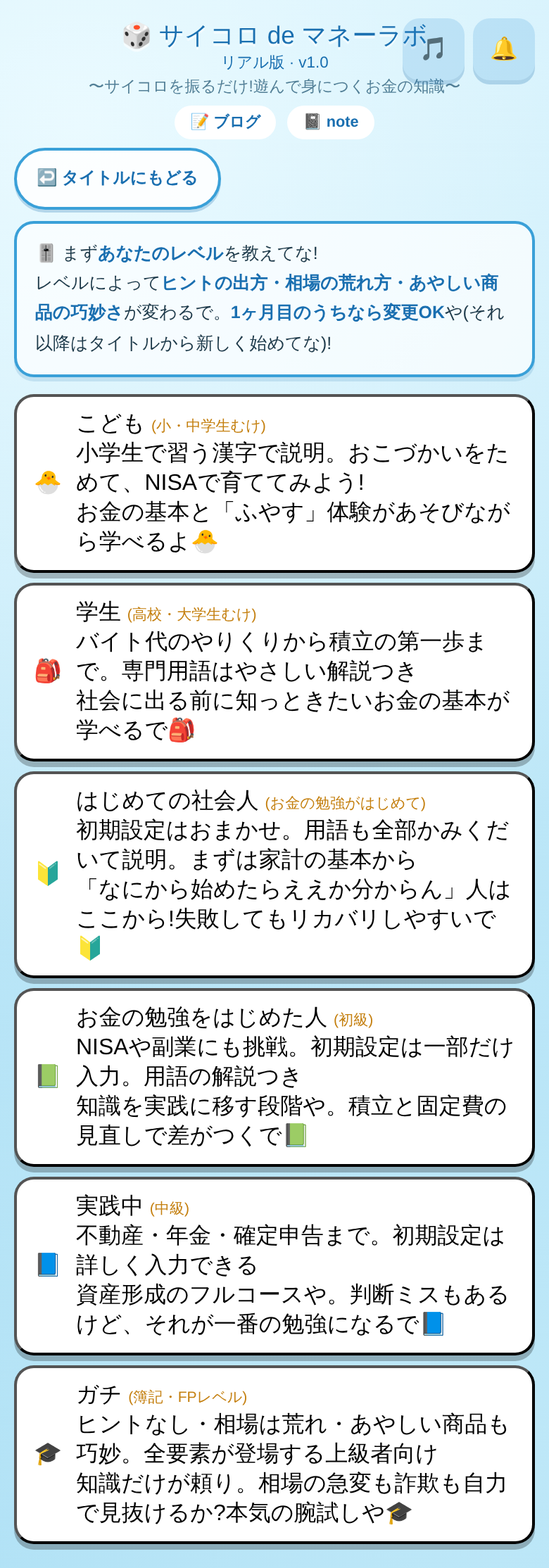サイコロ de マネーラボ レベル選択画面