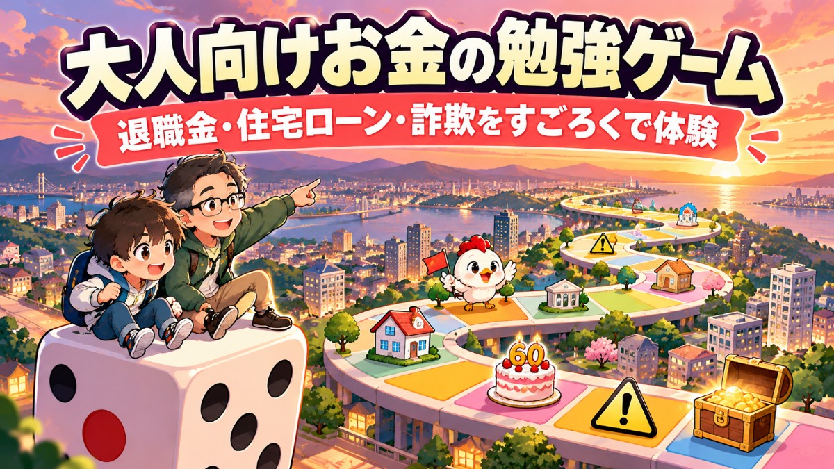 大人向けお金の勉強ゲーム。退職金・住宅ローン・詐欺をすごろくで体験するワッシーとワッピー、コッコのイラスト