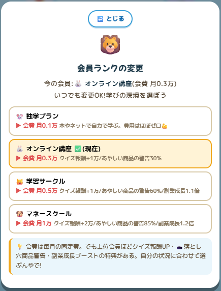 会員ランクの変更画面（独学〜マネースクール）