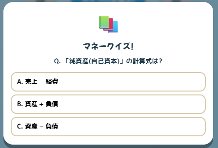 マネークイズ「純資産（自己資本）の計算式は？」