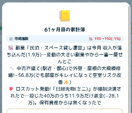 61ヶ月目の家計簿（副業の収入減・大規模修繕・ロスカット）